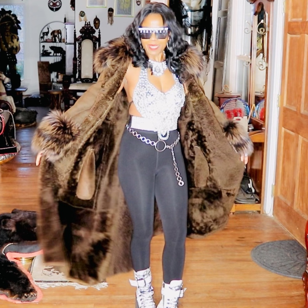 Mint Designer Full length Sable brown Shearling & Yellow tip Fox Fur Coat S 0-4 - Picture 6 of 16